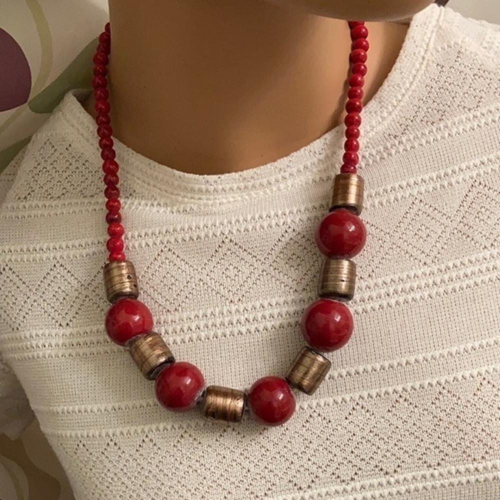 Large chunky brick red and copper colored beaded necklace